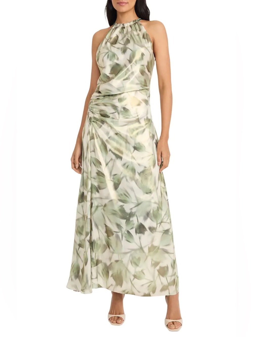 halter maxi dress floral con drapeado/ruching lateral, size 2